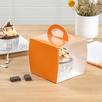 Restaurantware-4 Inch x 4.25 Inch Individual Cupcake Boxes, 100 Disposable Cupcake Display Boxes - with Handle, Leaf Accent, Clear Plastic Single Cupcake Containers, for Weddings Or Birthdays