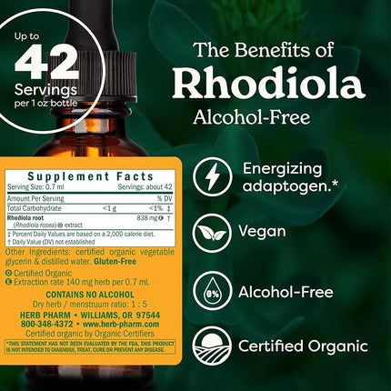 Herb Pharm Certified Organic Rhodiola Root Extract for Energy, Endurance and Stamina, Organic Cane Alcohol, 1 Ounce
