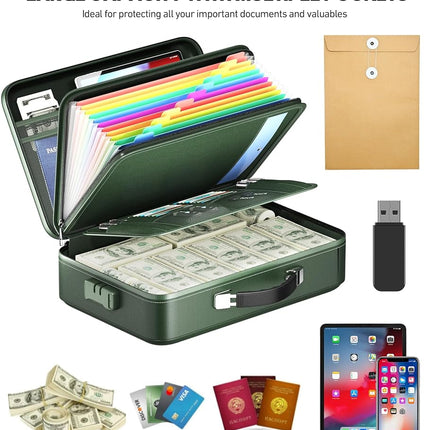 BigPonPon Fireproof Document Box, Hard Case Highly Flame-Resistant Fire Proof Waterproof File Organizer with Lock, Portable Fire Safe for Important Documents & Valuables Storage (Green, ‎16"*12"*5")
