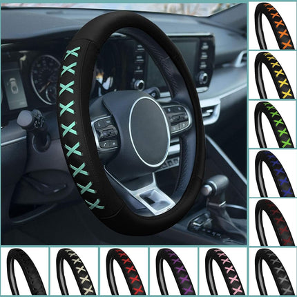 Housse de volant FH Group Universal Fit en cuir véritable 15 pouces avec détails à lacets, compatible avec la plupart des voitures et SUV, Noir