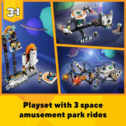 LEGO Creator Montaña Rusa Espacial 31142 Set de Construcción 3 en 1 con Montaña Rusa, Torre de Caída o Carrusel, Más 5 Minifiguras, Juguete Reconstruible de Parque de Diversiones de Navidad para Niños de 9 Años en Adelante