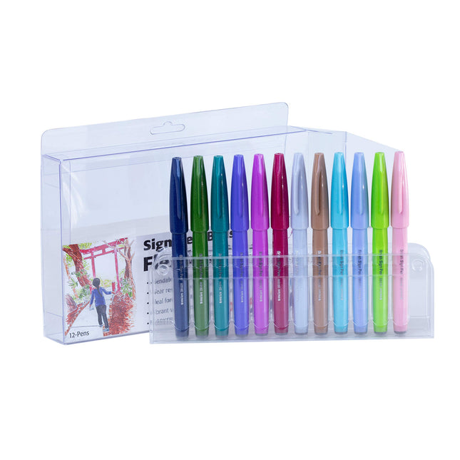 Pentel Arts Sign Pen Brush Tip, Assorted Colors (CA/D2/D3/V2/P2/B2/N2/E2/S2/S3/K/P3), 12-Pk Plastic BOX