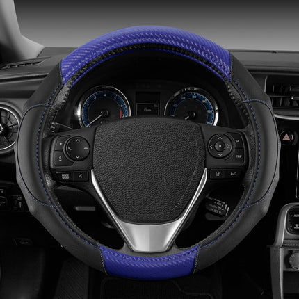 BDK GripDrive Blue Carbon Fiber Steering Wheel Cover, Standard 15 inch Size, Black Faux Leather Comfort Grip, Car Steering Wheel Cover for Auto Truck Van SUV