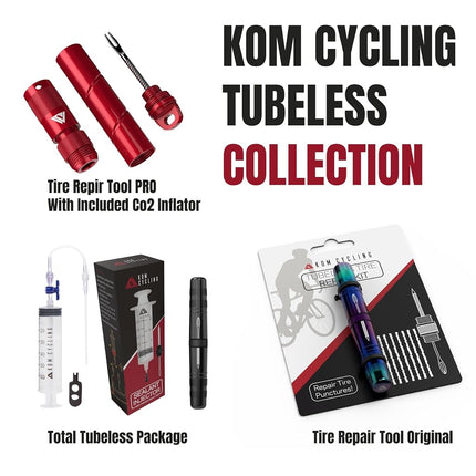 KOM Cycling Tubeless Tire Repair Kit for Bikes – 8 Colors! Fixes Mountain Bike and Road Bicycle Tire Punctures – Includes Tire Repair Fork and Reamer, 8 Bacon Strips. (Black)