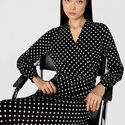 Adrianna Papell Women's Long Sleeve Wrap Midi Dress, Black/Ivory Medium Dot, XL