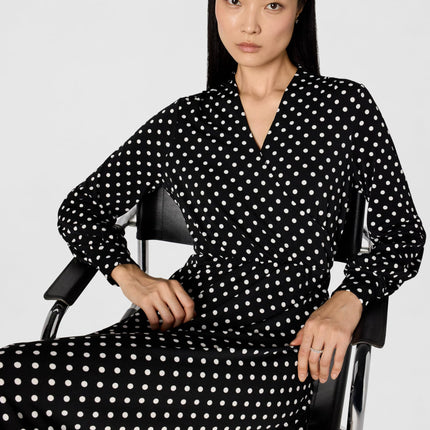 Adrianna Papell Women's Long Sleeve Wrap Midi Dress, Black/Ivory Medium Dot, XL