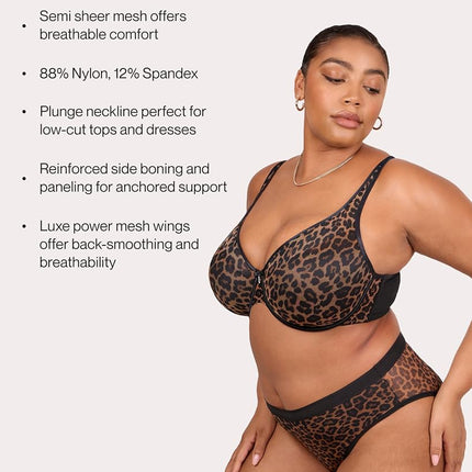 Curvy Couture Women's Plus Size Sheer Mesh Plunge T-Shirt Bra, Retro Roses, 40H US