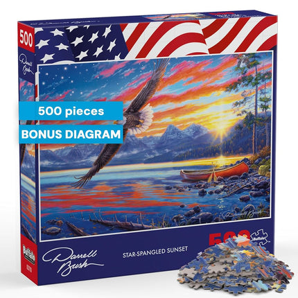 Buffalo Games - Star-Spangled Sunset - Darrell Bush - 500 Piece Patriotic Jigsaw Puzzle for Adults - American Nature Sunset Scene with Bald Eagle - Fourth of July Artwork, Adult Puzzles