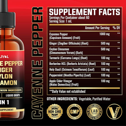 8in1 Cayenne Pepper Liquid Drops with Ginger, Ceylon Cinnamon and 5 More Herbals - Digestion, Circulatory Heath Support - 2 Fl Oz for 2 Months