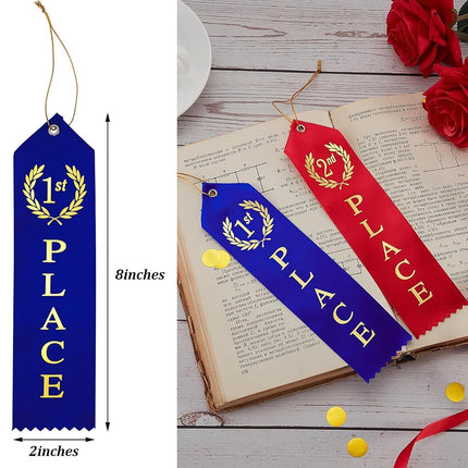180 Pieces Award Ribbons 1st, 2nd, 3rd Place Flat Carded Set First Place Prizes with Event Card and Rope for Competition, Sports Event, School, Contests, Blue Red White