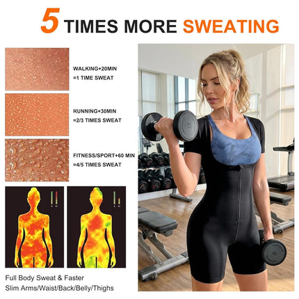 URSEXYLY Sauna Suit for Women Sweat Vest Waist Trainer 3 in 1 Slimming Full Body Shaper Workout Top with Sleeve Shorts, Black-blue Inner, XX-Large