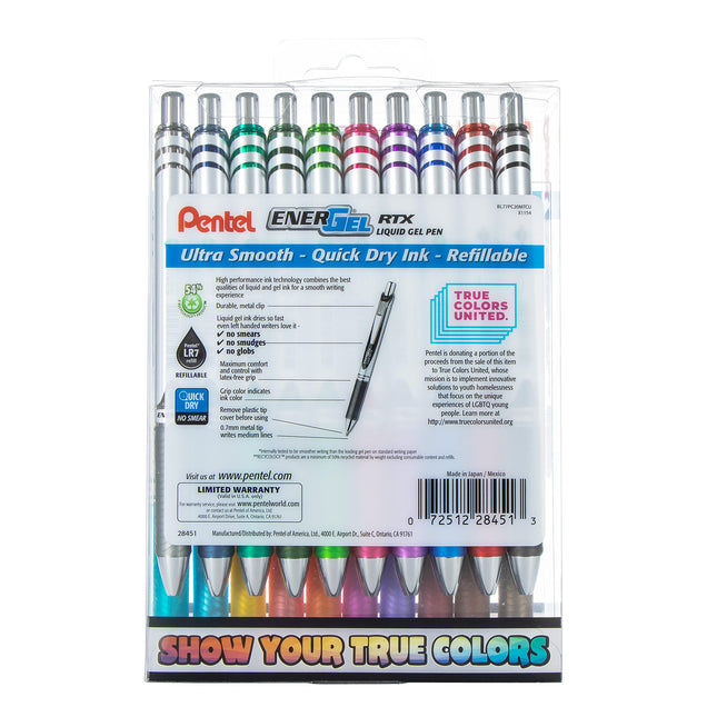 Pentel EnerGel RTX True Colors United (0.7mm) Trazo Medio, Tinta Surtida, Caja de 20 Unidades