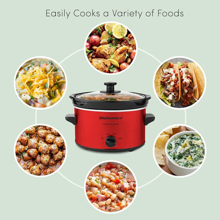 Mijoteuse électrique ovale Elite Gourmet MST-275XR#, température réglable, entrées, sauces, ragoûts et trempettes, couvercle et cocotte en verre lavables au lave-vaisselle (2 litres, rouge)