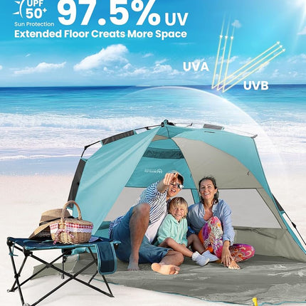 OutdoorMaster Pop Up Beach Tent for 4 Person - Easy Setup and Portable Beach Shade Sun Shelter Canopy with UPF 50+ UV Protection Removable Skylight Family Size - Cancun Seashore