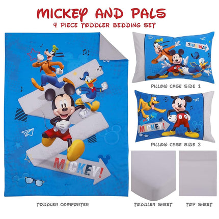 Disney Mickey Mouse and Pals 4 Piece Toddler Bedding Set - Fitted Sheet, Pillow Case, Top Sheet, and Comforter Quilt - Blue
