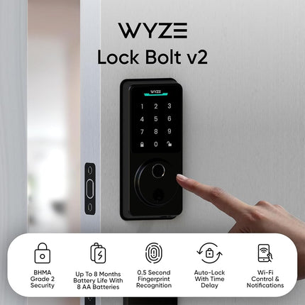 Wyze Auto-Lock Bolt v2, Fingerprint Keyless Entry Smart Lock, AI Learning Scanner with Wi-Fi Front Door Lock Deadbolt, Auto-Lock, 8 Months Battery, Anti-Peep Keypad, Backup Keys