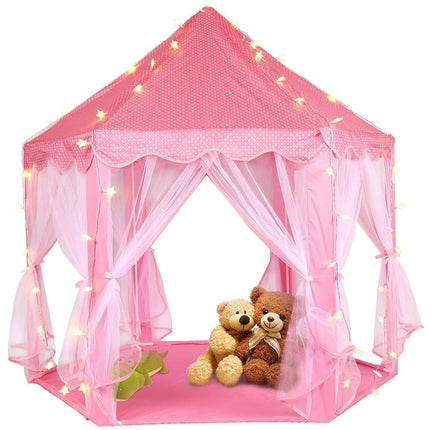 Volscity Princess Tent for Girls,Kids Castle Play Tent with LED Star Lights,Large Playhouse Girl Toy Gifts Age 3+,Indoor and Outdoor Games 55.5"x 53"(DxH) Pink (Pink)
