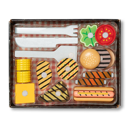 Melissa & Doug 9280 Grill and Serve BBQ Set (20 pcs) -Wooden Play Food and Accessories, Multi-Colored, 1 EA