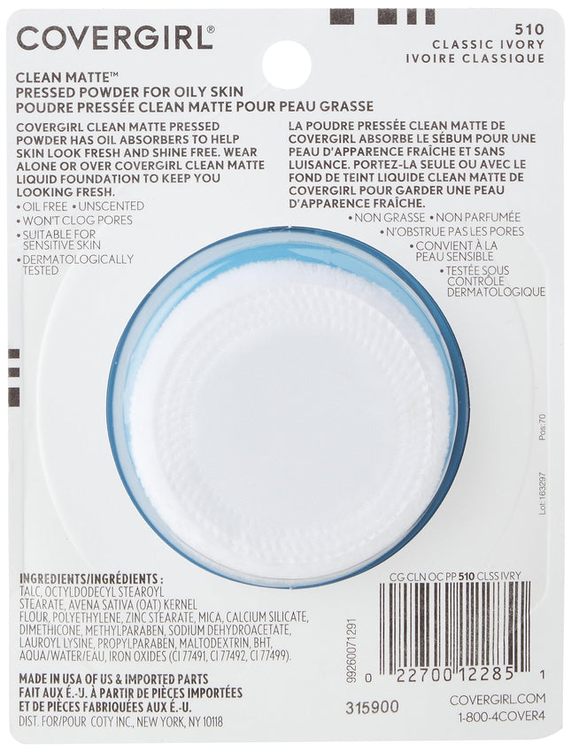 COVERGIRL Polvo Compacto Clean Matte, 1 unidad (0.35 oz), tono cálido Classic Ivory, polvo facial para control de grasa, sin fragancia (el empaque puede variar)