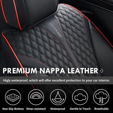 Coverado Car Seat Covers Full Set, Nappa Leather Seat Covers for Cars, Waterproof Front Seat Covers and Back Seat Covers, Car Seat Protector, Car Seat Cover Universal Fit for Most Cars, Black&Red