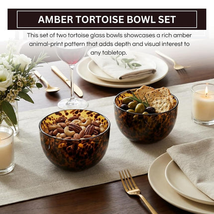 Amber Tortoise Shell Glass Bowls Set of 2 | 4.3” - 12.8oz Leopard Print Soup & Cereal Dishes | Decorative Animal Print Snack Serving Bowl, Cereal, Soup, Gifts for Kitchen Food Countertop, Hostess Gift