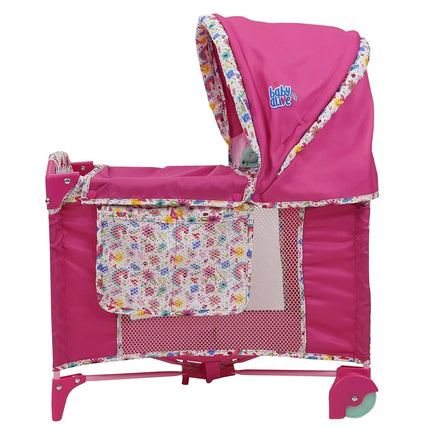 509 Crew Baby Alive: Deluxe Doll Play Yard - Pink & Rainbow - Fits Dolls Up to 18", Retractable Canopy, Easy Maneuvering, Folds for Travel & Storage, Pretend Play for Kids Ages 3+