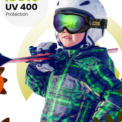 OutdoorMaster Kids Ski Goggles, Snow Goggles for Boys & Girls with 100% UV Protection（Black Frame + VLT 28% Revo Green Lens）