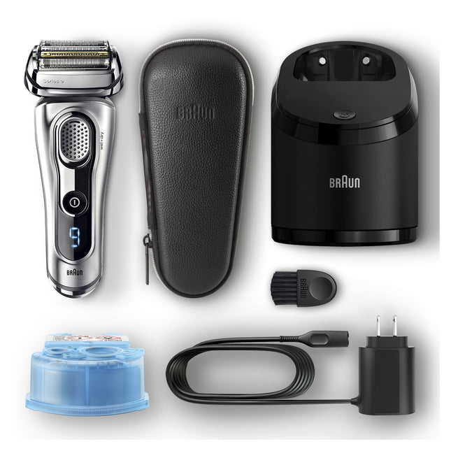 Rasoir électrique à grille Braun Series 9 pour homme avec tondeuse de précision intégrée, utilisation à sec ou sous l'eau, rechargeable et sans fil avec station Clean&Charge, 9291cc