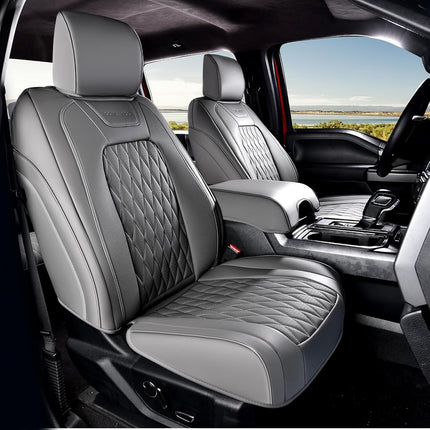 Fundas de Asiento de Cuero Coverado para Automóvil, Ajuste Personalizado para Fundas de Asiento Ford F150, Fundas Impermeables para Asiento de Camioneta Ford F150 Compatibles con F150 2015-2025 y F250 F350 F450 2017-2025 Gris - Par Delantero