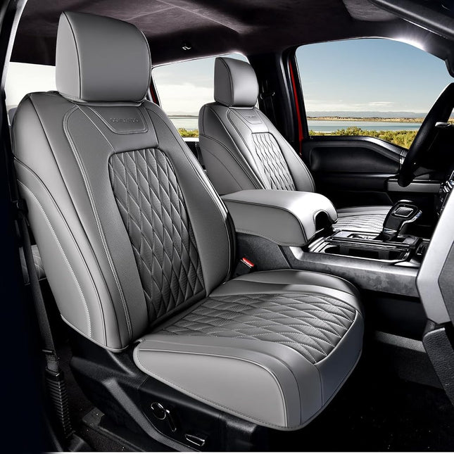 Coverado Leather Car Seat Cover, Custom Fit for Ford F150 Seat Covers, Ford F150 Truck Seat Covers Waterproof Fit for 2015-2025 F150 & 2017-2025 F250 F350 F450 Gray - Front Pair
