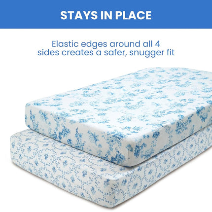 Delta Children Fitted Crib Sheets for Girls and Boys - 100% Organic Cotton Crib Sheet for Standard Crib and Toddler Mattresses - 28x52 Inch - GOTS Certified (Pack of 2), Blue Botanicals