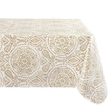 Elrene Home Fashions Savannah Boho Paisley Water- and Stain-Resistant Vinyl Tablecloth with Flannel Backing, 52 Inches X 70 Inches, Rectangle, Taupe