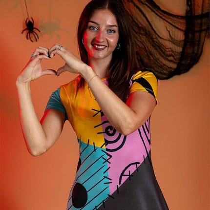Disney Nightmare Before Christmas Sally | Women's Multicoloured Short Sleeve Costume Dress | Halloween Party Outfit | Cosplay Dress | Themed Apparel for Fans Merch - XX-Large