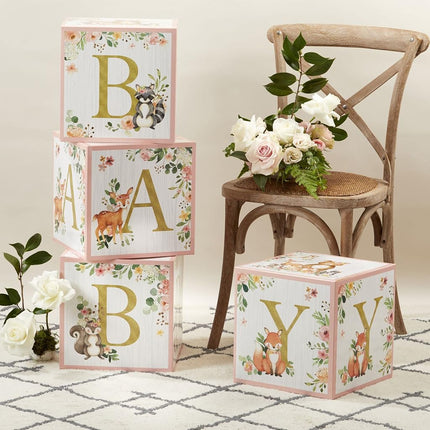 Kate Aspen Pink Woodland Baby Shower, One Size, Block Box Decoration