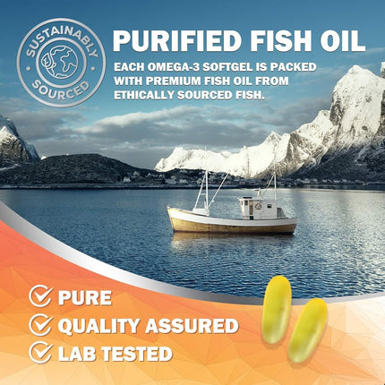 Omega 3 Fish Oil Supplements - 2400mg Fish Oil Per Serving - Triple Strength Omega-3 with EPA & DHA Fatty Acids - Natural Heart, Brain & Immune Support - Wild Caught, Bottled in USA - 180 Softgels