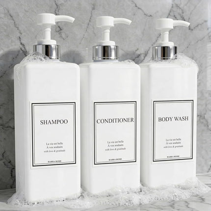 HARRA HOME Modern Gold Design Pump Bottle Set 27 oz Refillable Shampoo and Conditioner Dispenser Empty Shower Plastic Bottles with Pump for Bathroom Lotion Body wash, Pack of 3 (White & Silver)