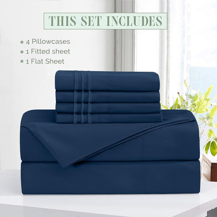 Elegant Comfort Luxury Soft 6-Piece 1500 Premium Hotel Quality Bed Sheet Set with Extra Deep Pockets 18-24 Inch, Wrinkle Free, Storage Pockets, Extra Deep Pocket 6PC Sheets, Full, Navy Blue