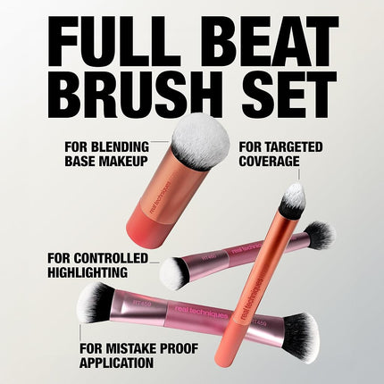 Real Techniques Full Beat Makeup Brush Set, 4 Piece Brush Kit for Foundation, Concealer, Blush, Contour, Highlight & Powder Blending, Travel Set, Soft UltraPlush Bristles, Cruelty-Free