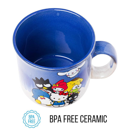 Silver Buffalo Sanrio Hello Kitty and Friends Featuring Chococat, Tuxedo Sam, Badtz-Maru, My Melody, Pompompurin, Keroppi, and Cinnamoroll Reactive Glaze Ceramic Camper Mug, 20 Ounces