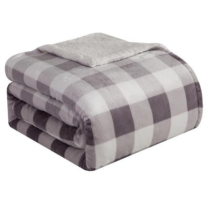 Elegant Comfort Ultra Soft Reversible Buffalo Plaid Flannel Sherpa Blanket - Cozy Silky Checkered Fleece Throw for Couch, Bed - Plush Fuzzy Warm Winter Blanket for Gift, Twin XL, Gray