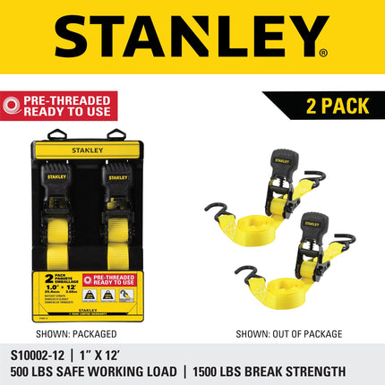 STANLEY S10002-12 Black/Yellow 1" X 12' Ratchet Straps - 500 LBS Safe Working Load / 1,500 LBS Break Strength, 2 Pack