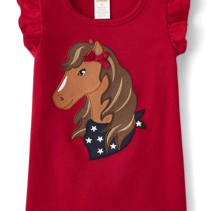 Gymboree T-shirts brodés à manches courtes pour filles et tout-petits printemps et été, cheval rouge, 8