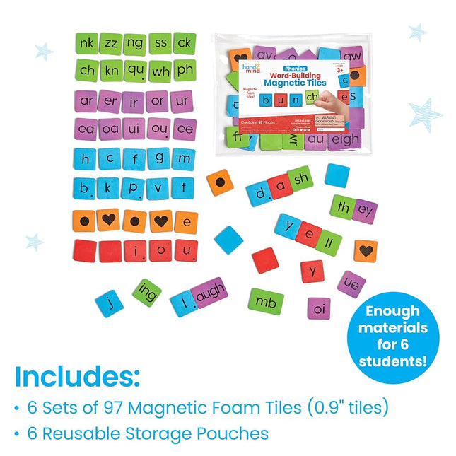 hand2mind Phonics Word-Building Magnetic Letter Tiles, Letter Recognition for Kindergarten, Phonics Manipulatives, Science of Reading Classroom Materials (Set of 6)