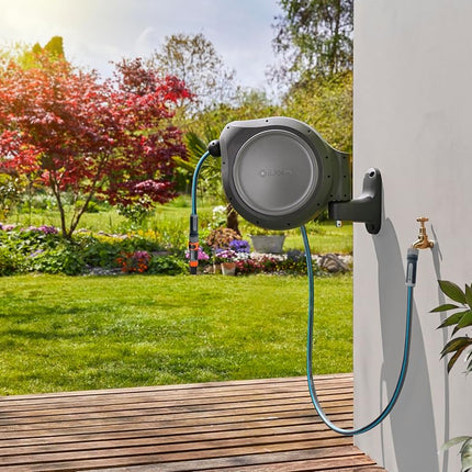 GARDENA 08040-50' ft. Wall Mount Retractable Garden Hose Reel, Lock at Any Length, 180 Degree Swivel, Precision German Engineering. 5 Year Warranty. Perfect Outdoor Hose Storage Solution