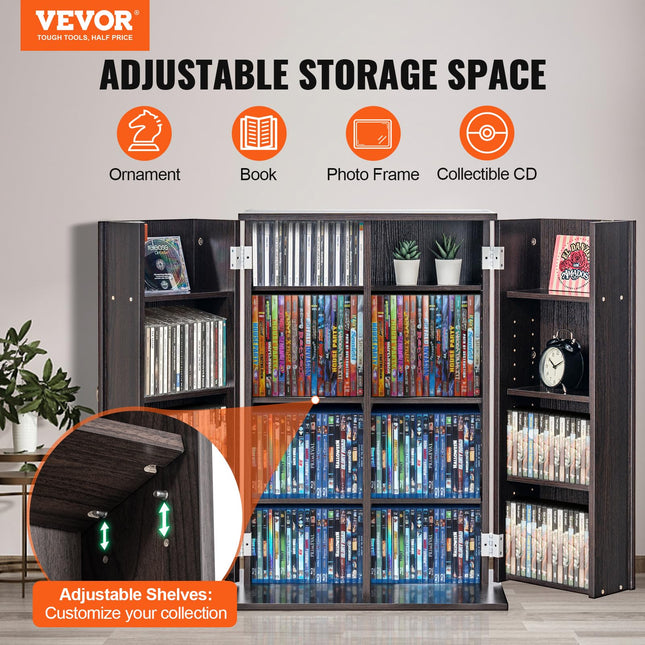 Mueble organizador VEVOR para medios, con puertas y estantes, capacidad para 576 CD, estante ajustable para DVD, protege y organiza música, películas, videojuegos o colecciones - Espresso