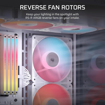 Corsair RS120-R ARGB 120mm PWM ARGB Reverse Fans – Reverse Rotor, +5V Connections, Eight RGB LEDs, High Static Pressure, Daisy-Chain, Magnetic Dome Bearing, Zero RPM Mode – Triple Pack – White