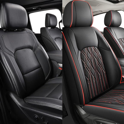 Huidasource Car Seat Covers Full Set, Leather Vehicle Cushion Covers, Universal Fit for Most Car Sedan SUV Pickup Truck, Fit Acura Honda City Nissan Altima Mazda Hyundai Audi (Full Set/Black&Red)