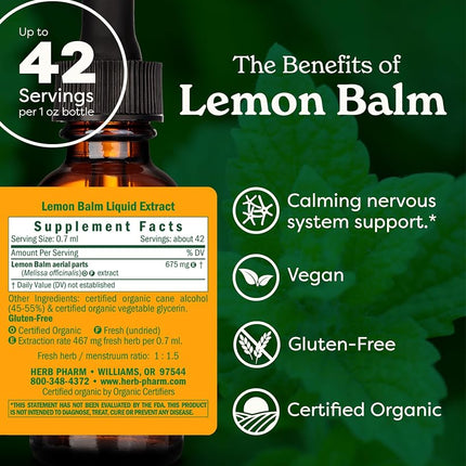 Herb Pharm Certified Organic Lemon Balm Liquid Extract for Calming Nervous System Support, Organic Cane Alcohol, 1 Ounce