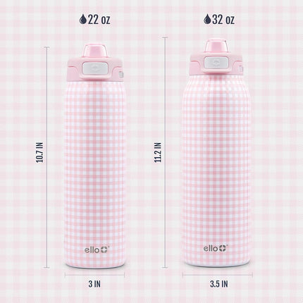 Ello Pop & Fill 32oz Stainless Steel Water Bottle with QuickFill Technology, Double Walled and Vacuum Insulated Metal, Leak Proof Locking Lid, Straw and Chug, Reusable, BPA Free, Pink Gingham