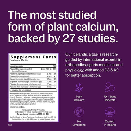 New Chapter Calcium Supplement – Bone Strength Organic Plant Calcium with Vitamin K2 + D3 + Magnesium, Vegetarian, Gluten Free - 120 Count (40 Day Supply)